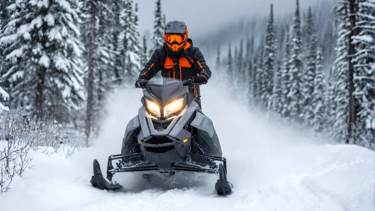 A snowmobile rider in orange and black coming down a snowy forest trail