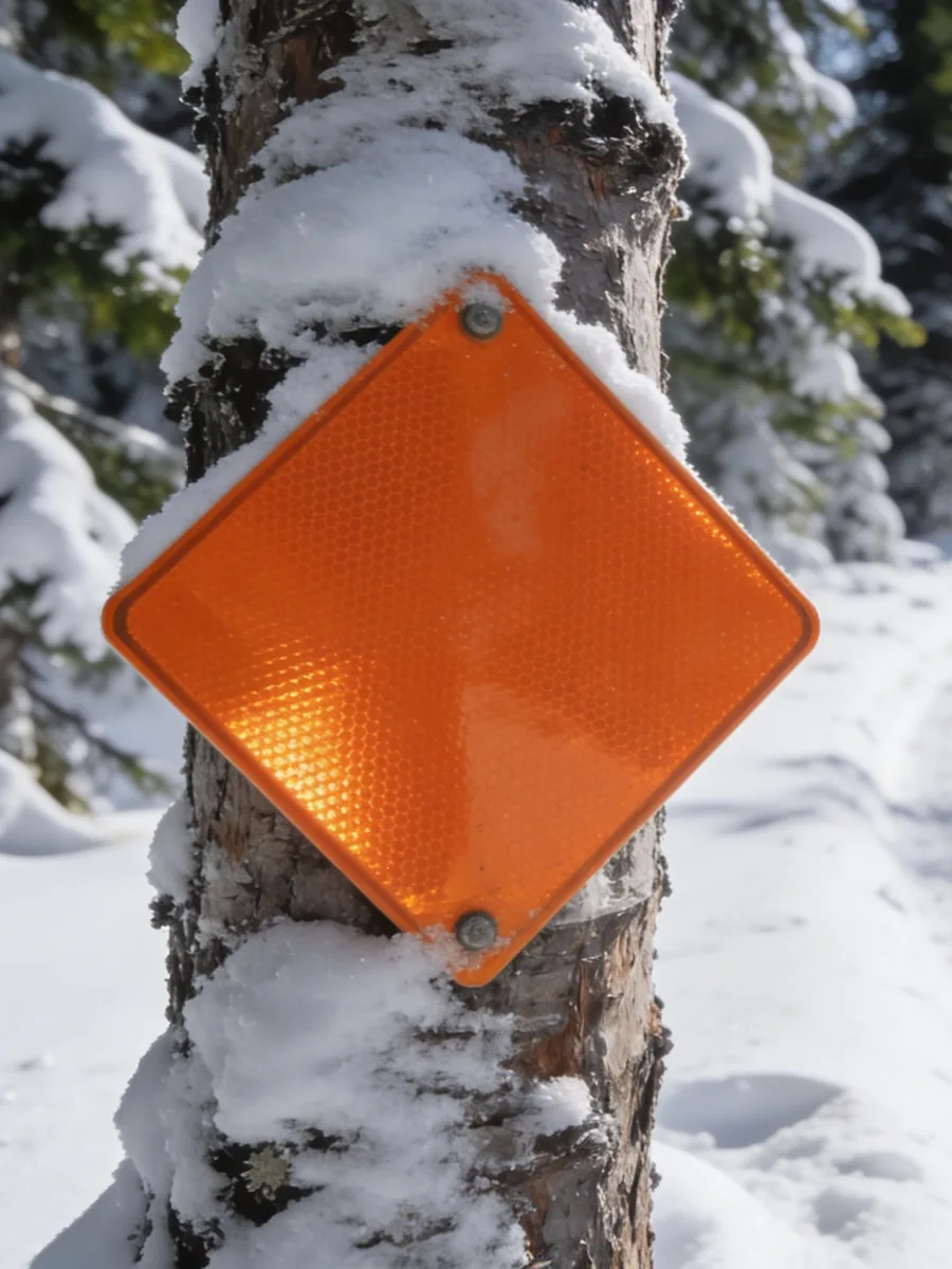 An orange diamond trail marker on a snowy tree beside a groomed trail