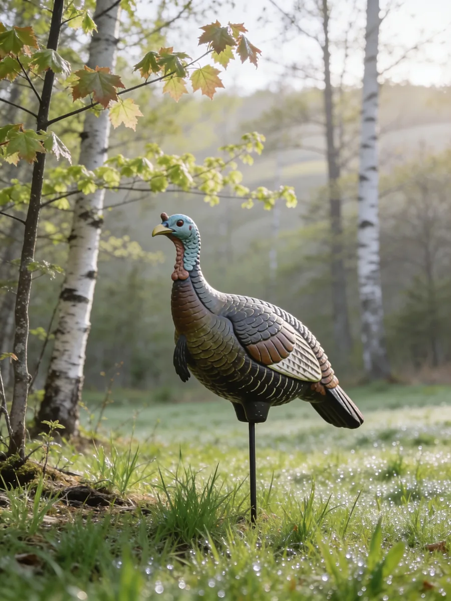 A hen turkey decoy staked in short spring grass at the edge of a forest opening
