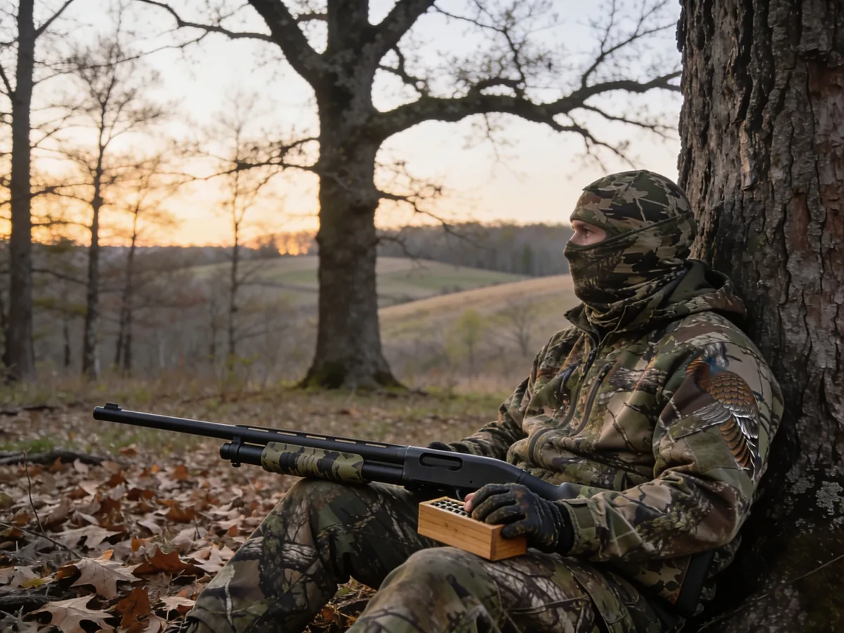 A turkey hunter in full camouflage sitting against a large oak at dawn with a shotgun across his knees and a box call in hand