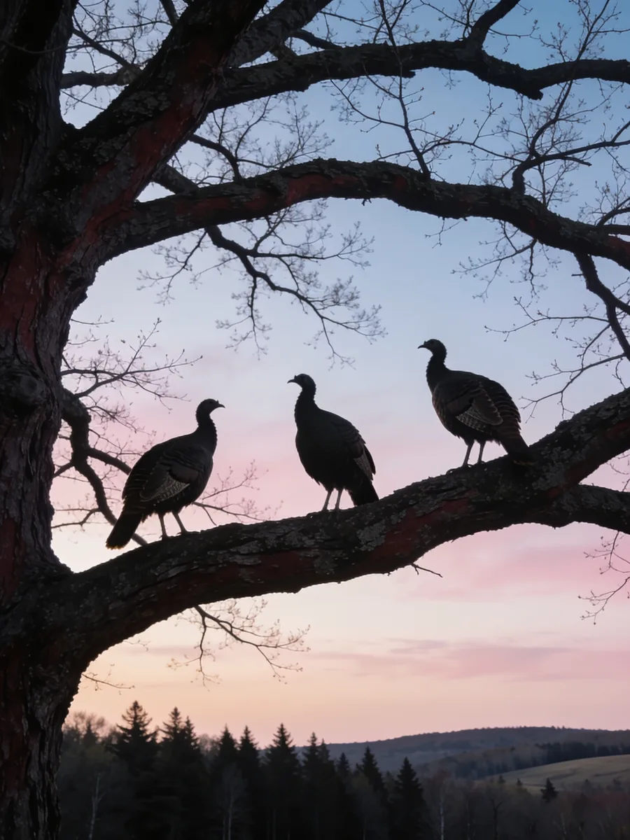 Three wild turkeys roosting on the limbs of a large oak against a pink dawn sky
