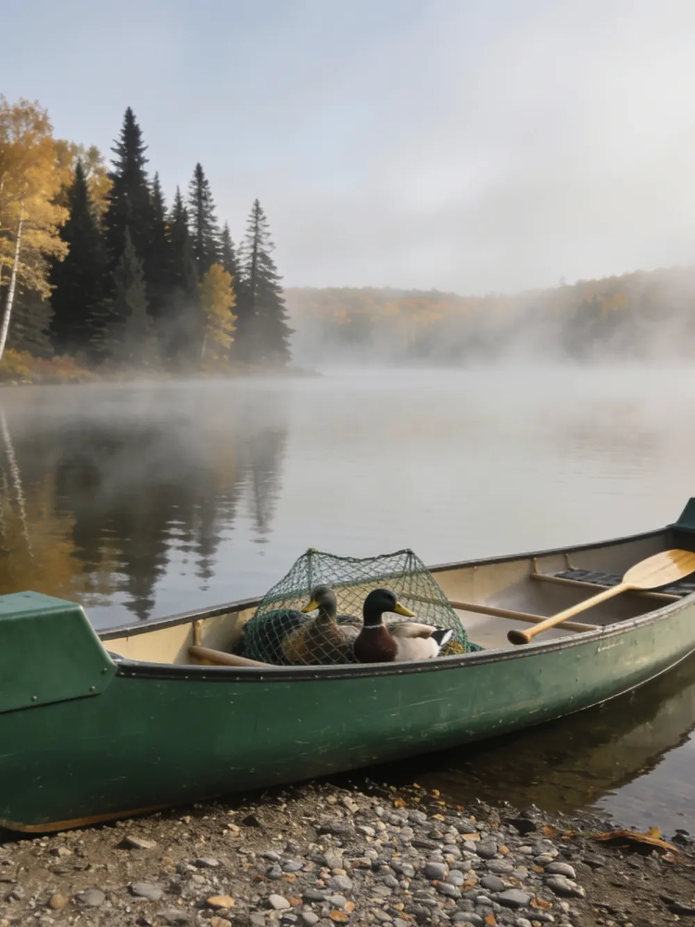 A green canoe with a bag of decoys pulled up on a gravel shore of a misty lake