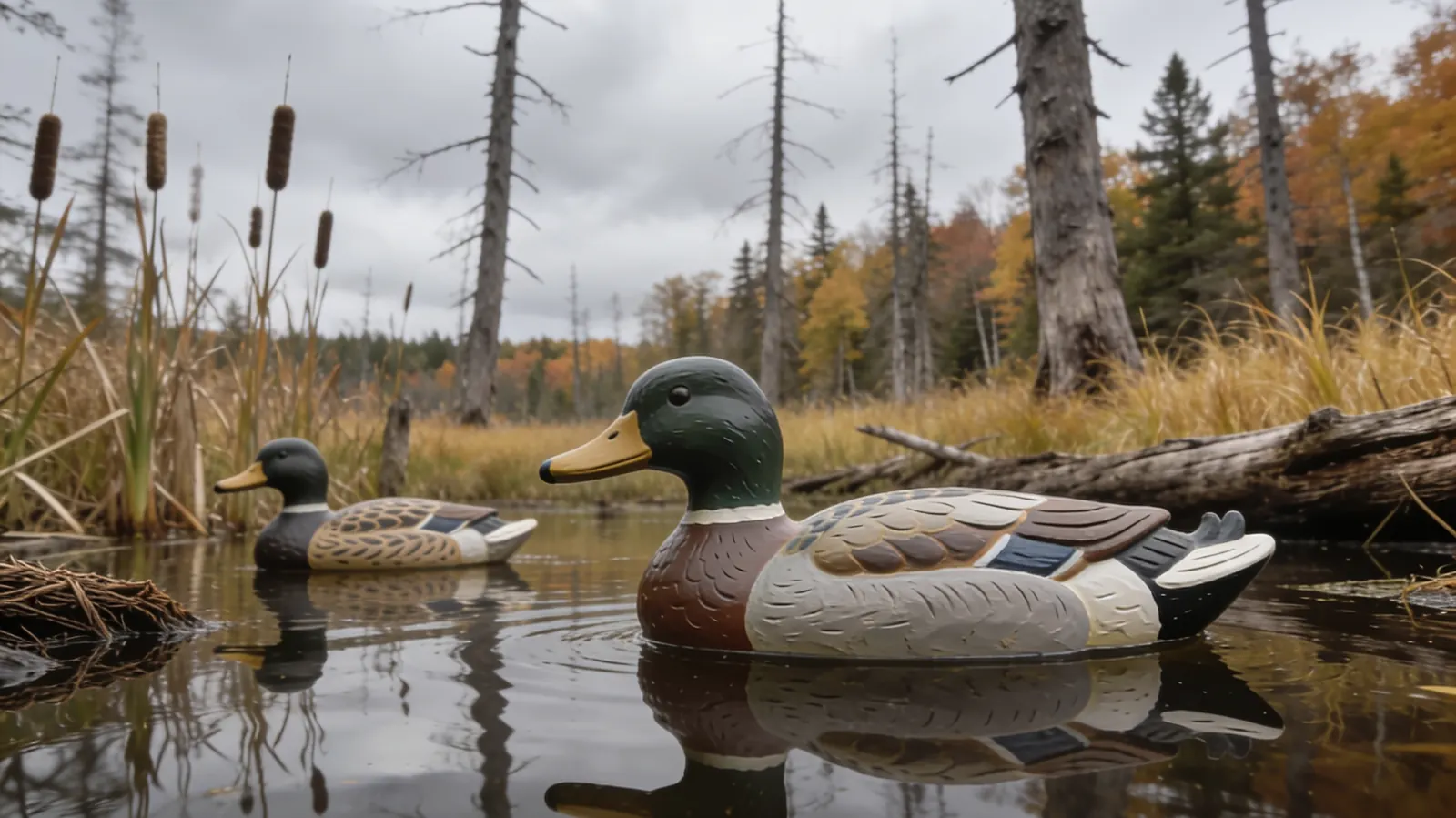 Mallard decoys floating on a beaver pond with standing dead timber and cattails