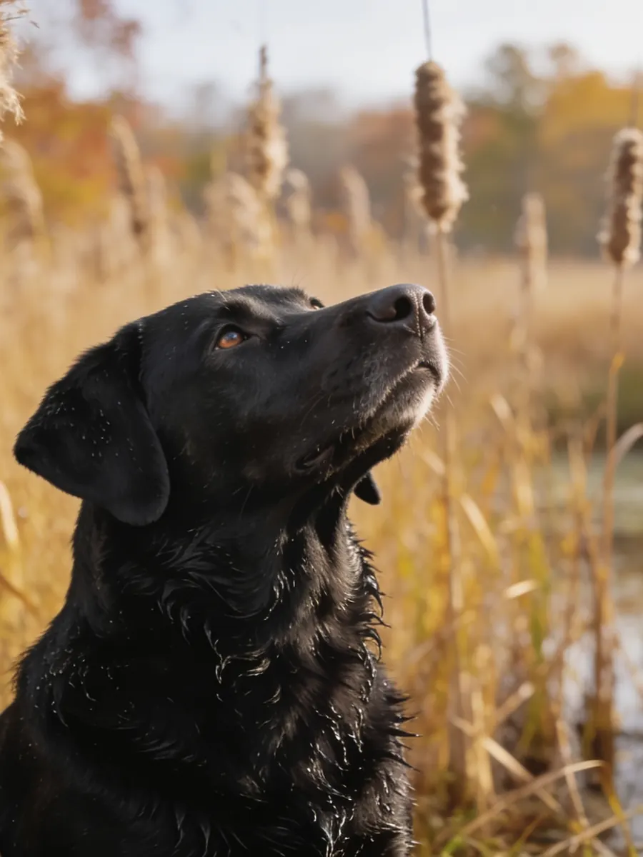 A black Labrador retriever sitting in golden cattails at the edge of a marsh