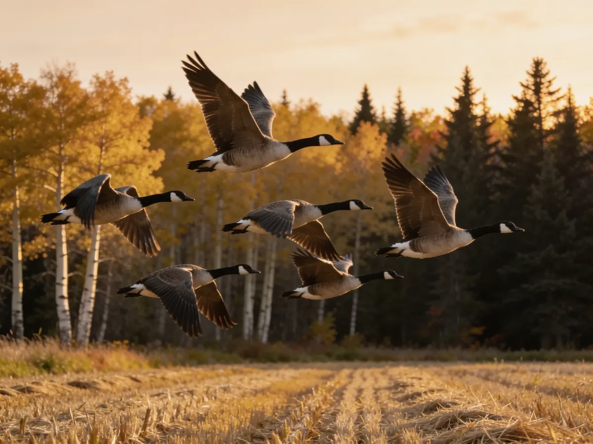 Canada geese flying low over a cut hayfield in front of gold aspen and dark spruce