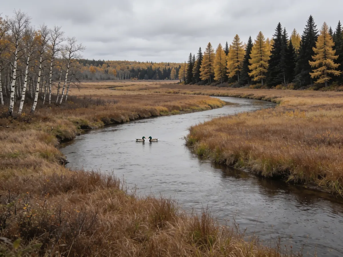 A slow river winding through a wetland meadow with a pair of mallards, tamarack and spruce on the far bank