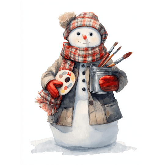 Watercolor snowman holding paintbrushes and a color palette, wearing a plaid hat and scarf.