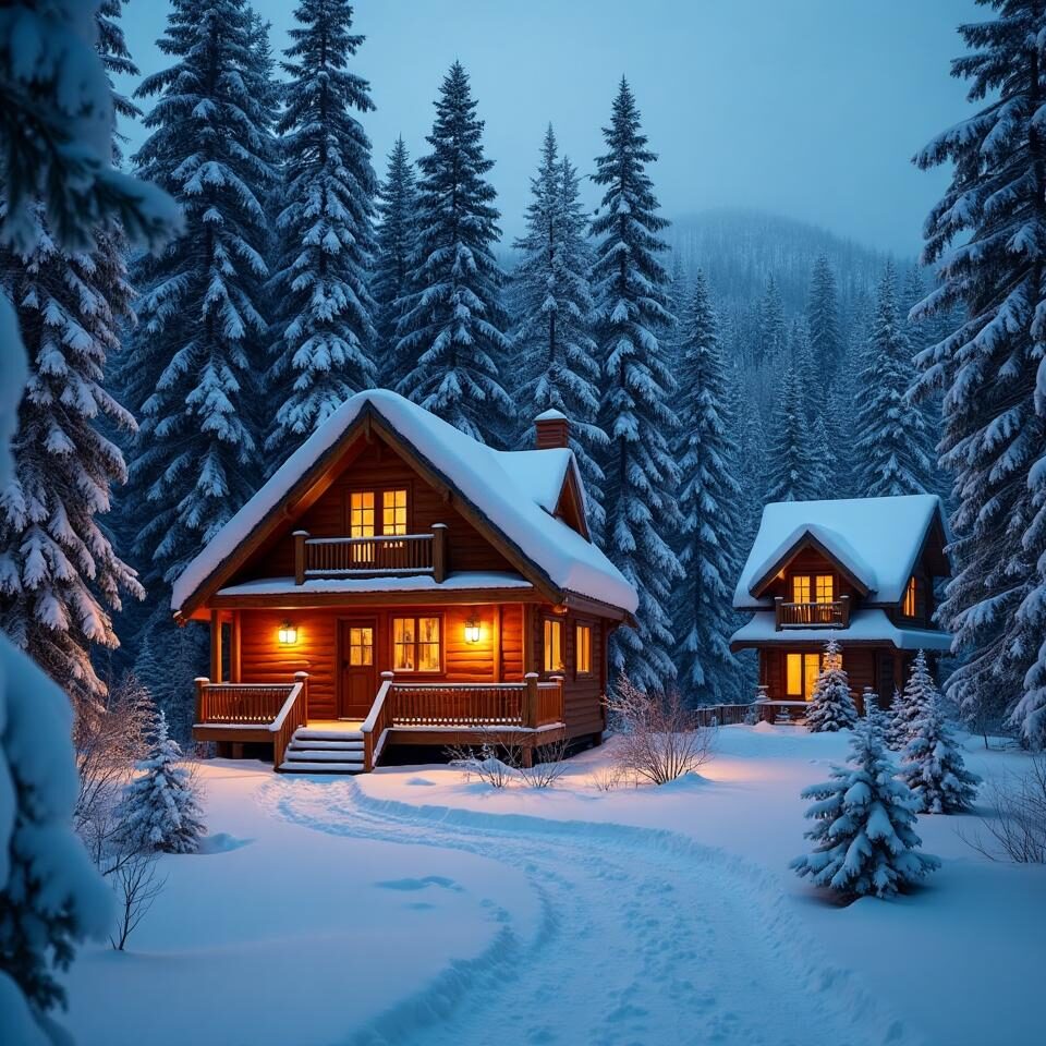 Cozy Cabin in the woods with a soft layer of snow